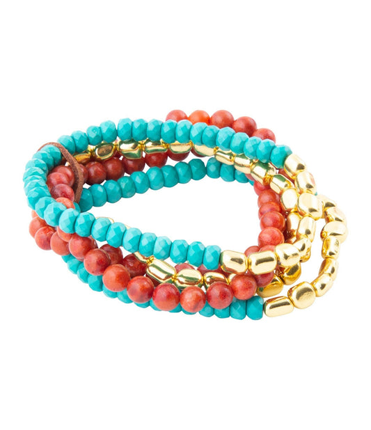 'Barse' Mesa Blue Magnesite and Red Coral Golden Bracelet Set
