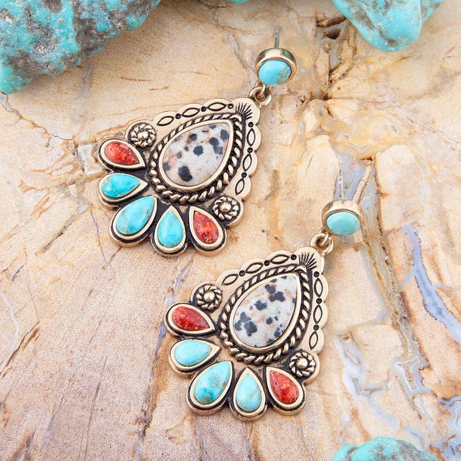 'Barse' Dalmatian Jasper Colorful Golden Drop Earrings