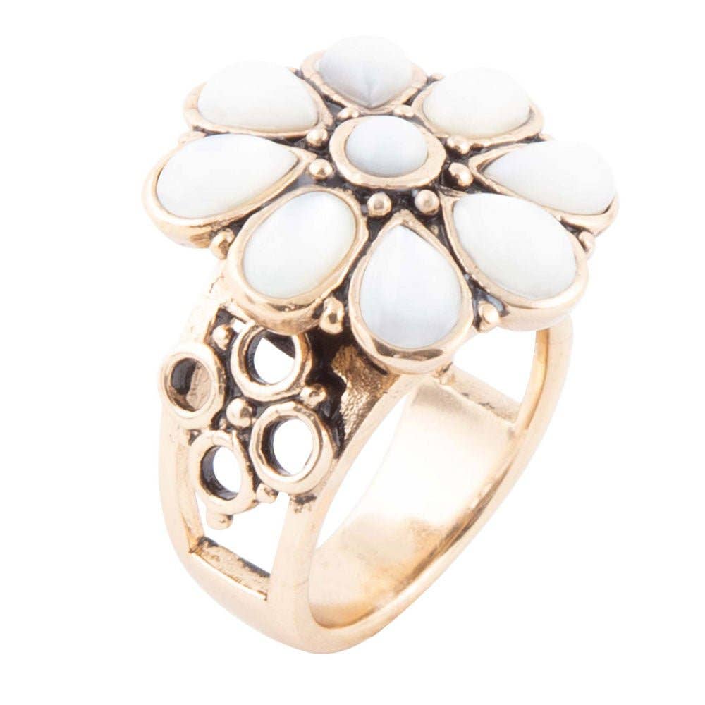 'Barse' White Hibiscus Mother of Pearl and Golden Ring