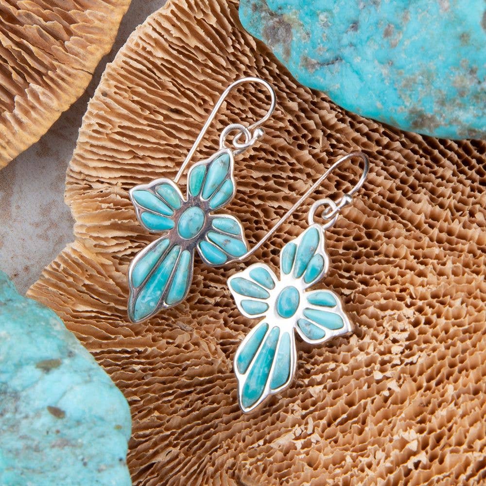 'Barse' Blue Turquoise Cross Sterling Silver Drop Earrings