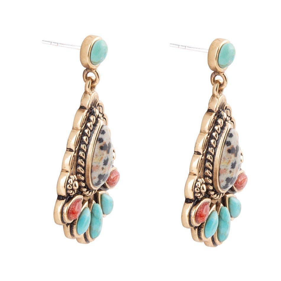 'Barse' Dalmatian Jasper Colorful Golden Drop Earrings