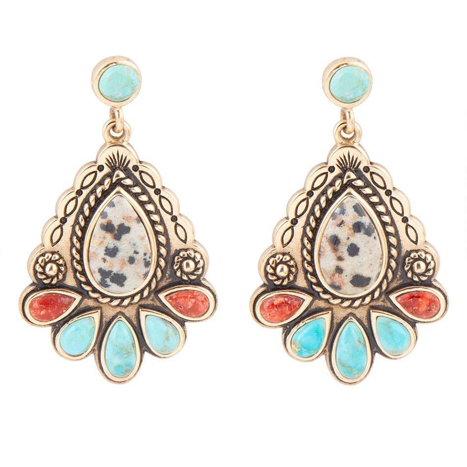 'Barse' Dalmatian Jasper Colorful Golden Drop Earrings