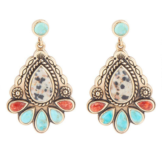 'Barse' Dalmatian Jasper Colorful Golden Drop Earrings